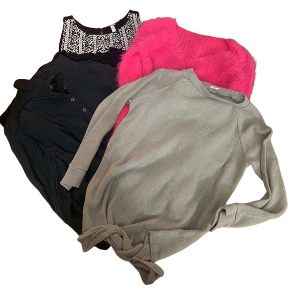 Bellamie tie up gray sweater,pink fuzzy sweater, black button down, black blouse - Picture 1 of 10